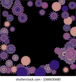 Ethnic Background with Simple Mandalas. Lacy Round Patterns on Black Ground. Stylish Dark Pattern with Outline Arabesque Motives. Gentle Snowflakes Drawn in Indian Style and Looking as Mandalas.