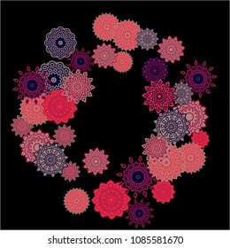 Ethnic Background with Simple Mandalas. Lacy Round Patterns on Black Ground. Stylish Dark Pattern with Outline Arabesque Motives. Gentle Snowflakes Drawn in Indian Style and Looking as Mandalas.