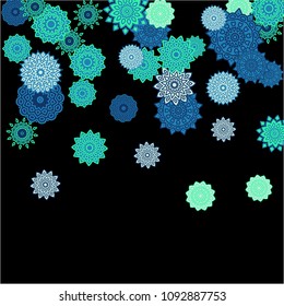 Ethnic Background with Simple Mandalas. Lacy Round Patterns on Black Ground. Stylish Dark Pattern with Outline Arabesque Motives. Gentle Snowflakes Drawn in Indian Style and Looking as Mandalas.