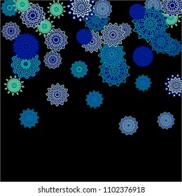 Ethnic Background with Simple Mandalas. Lacy Round Patterns on Black Ground. Stylish Dark Pattern with Outline Arabesque Motives. Gentle Snowflakes Drawn in Indian Style and Looking as Mandalas.