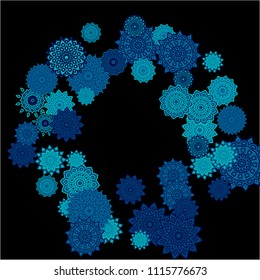 Ethnic Background with Simple Mandalas. Lacy Round Patterns on Black Ground. Stylish Dark Pattern with Outline Arabesque Motives. Gentle Snowflakes Drawn in Indian Style and Looking as Mandalas.