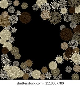 Ethnic Background with Simple Mandalas. Lacy Round Patterns on Black Ground. Stylish Dark Pattern with Outline Arabesque Motives. Gentle Snowflakes Drawn in Indian Style and Looking as Mandalas.