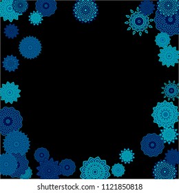Ethnic Background with Simple Mandalas. Lacy Round Patterns on Black Ground. Stylish Dark Pattern with Outline Arabesque Motives. Gentle Snowflakes Drawn in Indian Style and Looking as Mandalas.