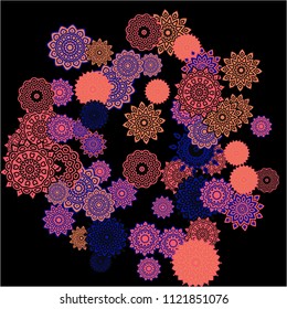 Ethnic Background with Simple Mandalas. Lacy Round Patterns on Black Ground. Stylish Dark Pattern with Outline Arabesque Motives. Gentle Snowflakes Drawn in Indian Style and Looking as Mandalas.
