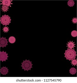 Ethnic Background with Simple Mandalas. Lacy Round Patterns on Black Ground. Stylish Dark Pattern with Outline Arabesque Motives. Gentle Snowflakes Drawn in Indian Style and Looking as Mandalas.