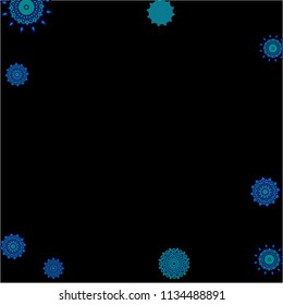 Ethnic Background with Simple Mandalas. Lacy Round Patterns on Black Ground. Stylish Dark Pattern with Outline Arabesque Motives. Gentle Snowflakes Drawn in Indian Style and Looking as Mandalas.