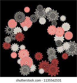 Ethnic Background with Simple Mandalas. Lacy Round Patterns on Black Ground. Stylish Dark Pattern with Outline Arabesque Motives. Gentle Snowflakes Drawn in Indian Style and Looking as Mandalas.