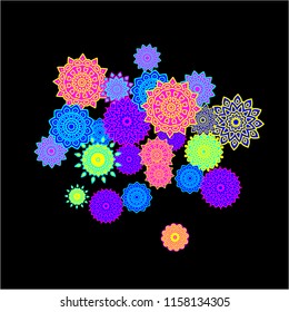 Ethnic Background with Simple Mandalas. Lacy Round Patterns on Black Ground. Stylish Dark Pattern with Outline Arabesque Motives. Gentle Snowflakes Drawn in Indian Style and Looking as Mandalas.