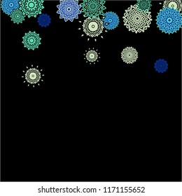 Ethnic Background with Simple Mandalas. Lacy Round Patterns on Black Ground. Stylish Dark Pattern with Outline Arabesque Motives. Gentle Snowflakes Drawn in Indian Style and Looking as Mandalas.