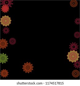 Ethnic Background with Simple Mandalas. Lacy Round Patterns on Black Ground. Stylish Dark Pattern with Outline Arabesque Motives. Gentle Snowflakes Drawn in Indian Style and Looking as Mandalas.