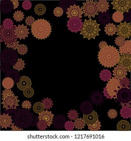 Ethnic Background with Simple Mandalas. Lacy Round Patterns on Black Ground. Stylish Dark Pattern with Outline Arabesque Motives. Gentle Snowflakes Drawn in Indian Style and Looking as Mandalas.