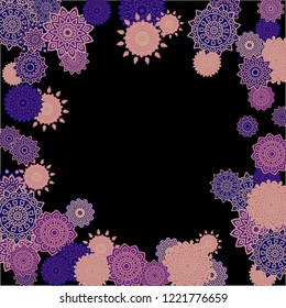 Ethnic Background with Simple Mandalas. Lacy Round Patterns on Black Ground. Stylish Dark Pattern with Outline Arabesque Motives. Gentle Snowflakes Drawn in Indian Style and Looking as Mandalas.