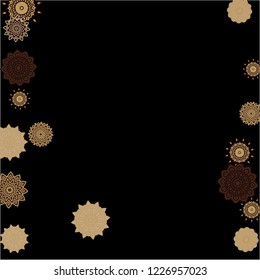 Ethnic Background with Simple Mandalas. Lacy Round Patterns on Black Ground. Stylish Dark Pattern with Outline Arabesque Motives. Gentle Snowflakes Drawn in Indian Style and Looking as Mandalas.