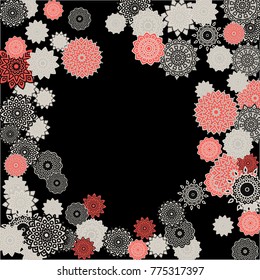 Ethnic Background with Simple Mandalas. Lacy Round Patterns on Black Ground. Stylish Dark Pattern with Outline Arabesque Motives. Gentle Snowflakes Drawn in Indian Style and Looking as Mandalas.