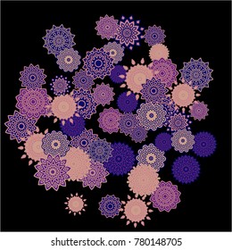 Ethnic Background with Simple Mandalas. Lacy Round Patterns on Black Ground. Stylish Dark Pattern with Outline Arabesque Motives. Gentle Snowflakes Drawn in Indian Style and Looking as Mandalas.