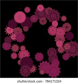 Ethnic Background with Simple Mandalas. Lacy Round Patterns on Black Ground. Stylish Dark Pattern with Outline Arabesque Motives. Gentle Snowflakes Drawn in Indian Style and Looking as Mandalas.