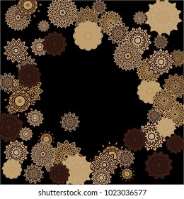 Ethnic Background with Simple Mandalas. Round Orient Patterns on Black Ground. Stylish Dark Pattern with Outline Arabesque Motives. Gentle Snowflakes Drawn in Indian Style and Looking as Mandalas.