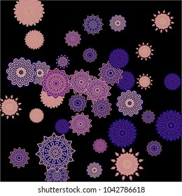 Ethnic Background with Simple Mandalas. Round Orient Patterns on Black Ground. Stylish Dark Pattern with Outline Arabesque Motives. Gentle Snowflakes Drawn in Indian Style and Looking as Mandalas.