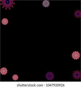 Ethnic Background with Simple Mandalas. Round Orient Patterns on Black Ground. Stylish Dark Pattern with Outline Arabesque Motives. Gentle Snowflakes Drawn in Indian Style and Looking as Mandalas.