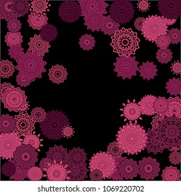 Ethnic Background with Simple Mandalas. Round Orient Patterns on Black Ground. Stylish Dark Pattern with Outline Arabesque Motives. Gentle Snowflakes Drawn in Indian Style and Looking as Mandalas.