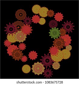 Ethnic Background with Simple Mandalas. Round Orient Patterns on Black Ground. Stylish Dark Pattern with Outline Arabesque Motives. Gentle Snowflakes Drawn in Indian Style and Looking as Mandalas.