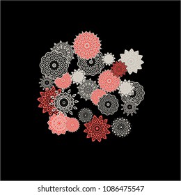 Ethnic Background with Simple Mandalas. Round Orient Patterns on Black Ground. Stylish Dark Pattern with Outline Arabesque Motives. Gentle Snowflakes Drawn in Indian Style and Looking as Mandalas.