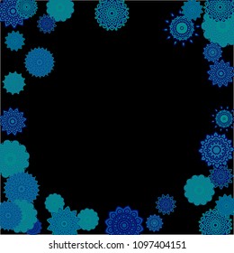 Ethnic Background with Simple Mandalas. Round Orient Patterns on Black Ground. Stylish Dark Pattern with Outline Arabesque Motives. Gentle Snowflakes Drawn in Indian Style and Looking as Mandalas.