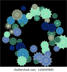 Ethnic Background with Simple Mandalas. Round Orient Patterns on Black Ground. Stylish Dark Pattern with Outline Arabesque Motives. Gentle Snowflakes Drawn in Indian Style and Looking as Mandalas.