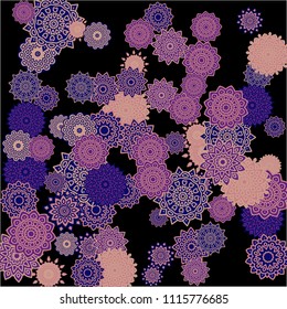 Ethnic Background with Simple Mandalas. Round Orient Patterns on Black Ground. Stylish Dark Pattern with Outline Arabesque Motives. Gentle Snowflakes Drawn in Indian Style and Looking as Mandalas.