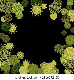 Ethnic Background with Simple Mandalas. Round Orient Patterns on Black Ground. Stylish Dark Pattern with Outline Arabesque Motives. Gentle Snowflakes Drawn in Indian Style and Looking as Mandalas.