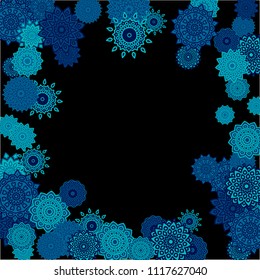 Ethnic Background with Simple Mandalas. Round Orient Patterns on Black Ground. Stylish Dark Pattern with Outline Arabesque Motives. Gentle Snowflakes Drawn in Indian Style and Looking as Mandalas.
