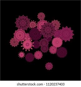 Ethnic Background with Simple Mandalas. Round Orient Patterns on Black Ground. Stylish Dark Pattern with Outline Arabesque Motives. Gentle Snowflakes Drawn in Indian Style and Looking as Mandalas.
