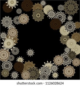 Ethnic Background with Simple Mandalas. Round Orient Patterns on Black Ground. Stylish Dark Pattern with Outline Arabesque Motives. Gentle Snowflakes Drawn in Indian Style and Looking as Mandalas.