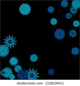 Ethnic Background with Simple Mandalas. Round Orient Patterns on Black Ground. Stylish Dark Pattern with Outline Arabesque Motives. Gentle Snowflakes Drawn in Indian Style and Looking as Mandalas.