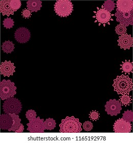Ethnic Background with Simple Mandalas. Round Orient Patterns on Black Ground. Stylish Dark Pattern with Outline Arabesque Motives. Gentle Snowflakes Drawn in Indian Style and Looking as Mandalas.