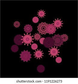 Ethnic Background with Simple Mandalas. Round Orient Patterns on Black Ground. Stylish Dark Pattern with Outline Arabesque Motives. Gentle Snowflakes Drawn in Indian Style and Looking as Mandalas.