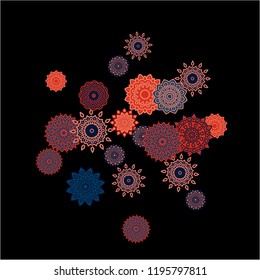 Ethnic Background with Simple Mandalas. Round Orient Patterns on Black Ground. Stylish Dark Pattern with Outline Arabesque Motives. Gentle Snowflakes Drawn in Indian Style and Looking as Mandalas.