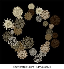 Ethnic Background with Simple Mandalas. Round Orient Patterns on Black Ground. Stylish Dark Pattern with Outline Arabesque Motives. Gentle Snowflakes Drawn in Indian Style and Looking as Mandalas.