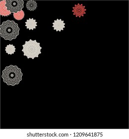 Ethnic Background with Simple Mandalas. Round Orient Patterns on Black Ground. Stylish Dark Pattern with Outline Arabesque Motives. Gentle Snowflakes Drawn in Indian Style and Looking as Mandalas.