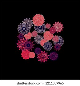 Ethnic Background with Simple Mandalas. Round Orient Patterns on Black Ground. Stylish Dark Pattern with Outline Arabesque Motives. Gentle Snowflakes Drawn in Indian Style and Looking as Mandalas.