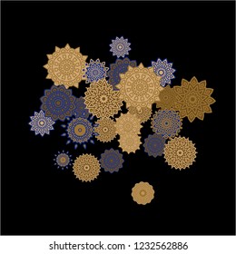 Ethnic Background with Simple Mandalas. Round Orient Patterns on Black Ground. Stylish Dark Pattern with Outline Arabesque Motives. Gentle Snowflakes Drawn in Indian Style and Looking as Mandalas.
