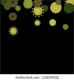 Ethnic Background with Simple Mandalas. Round Orient Patterns on Black Ground. Stylish Dark Pattern with Outline Arabesque Motives. Gentle Snowflakes Drawn in Indian Style and Looking as Mandalas.