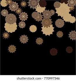 Ethnic Background with Simple Mandalas. Round Orient Patterns on Black Ground. Stylish Dark Pattern with Outline Arabesque Motives. Gentle Snowflakes Drawn in Indian Style and Looking as Mandalas.