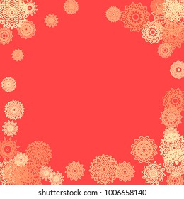 Ethnic Background with Small Mandalas. May be Used as Christmas Background with Snowflakes. Orient Pattern for Card, Poster, Banner. Festive Outline Mandalas on White Backdrop