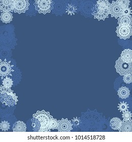Ethnic Background with Small Mandalas. May be Used as Christmas Background with Snowflakes. Orient Pattern for Card, Poster, Banner. Festive Outline Mandalas on White Backdrop