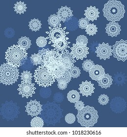Ethnic Background with Small Mandalas. May be Used as Christmas Background with Snowflakes. Orient Pattern for Card, Poster, Banner. Festive Outline Mandalas on White Backdrop
