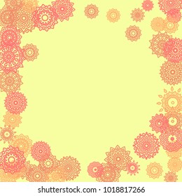 Ethnic Background with Small Mandalas. May be Used as Christmas Background with Snowflakes. Orient Pattern for Card, Poster, Banner. Festive Outline Mandalas on White Backdrop