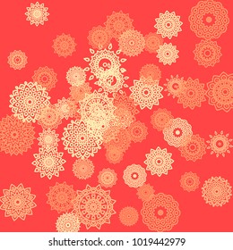 Ethnic Background with Small Mandalas. May be Used as Christmas Background with Snowflakes. Orient Pattern for Card, Poster, Banner. Festive Outline Mandalas on White Backdrop