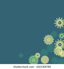 Ethnic Background with Small Mandalas. May be Used as Christmas Background with Snowflakes. Orient Pattern for Card, Poster, Banner. Festive Outline Mandalas on White Backdrop