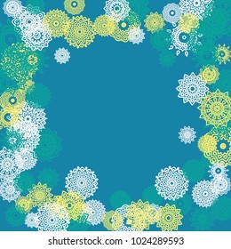 Ethnic Background with Small Mandalas. May be Used as Christmas Background with Snowflakes. Orient Pattern for Card, Poster, Banner. Festive Outline Mandalas on White Backdrop